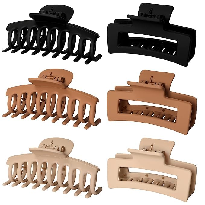 Image of PACTIV 6pcs Neutral Colors Hair Clips For Women's Thick Hair Nonslip Jumbo Claws Clip Long Jaw Clips Banana Square Hair Claws Strong Hold Hair Styling Accessories, Multi Color