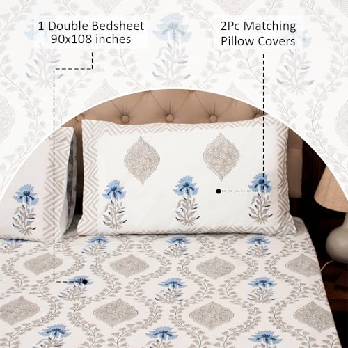 Image of Premium Bedsheet with 2 Pillow Covers I Hand Block I Pure & Soft Percale Cotton I 300 TC I 90x108 inches (King Size Double Bed Bedcover) I Floral Pattern I Blue & Grey