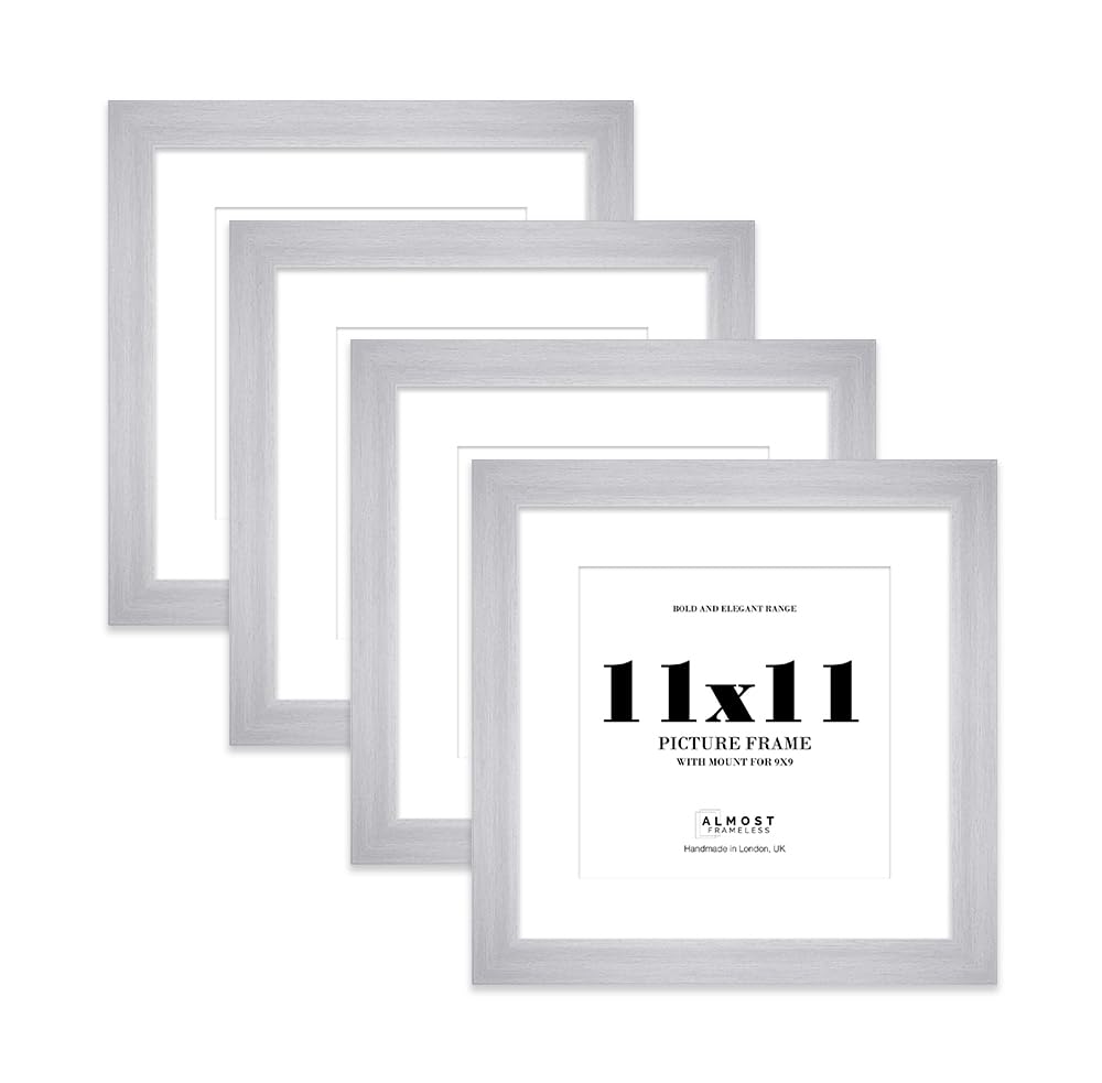 11x11" Silver Square Frame With Mount for 9x9" Pictures 28mm Edge Frame Display with Wall Hooks and Kickstand, 4 Pack