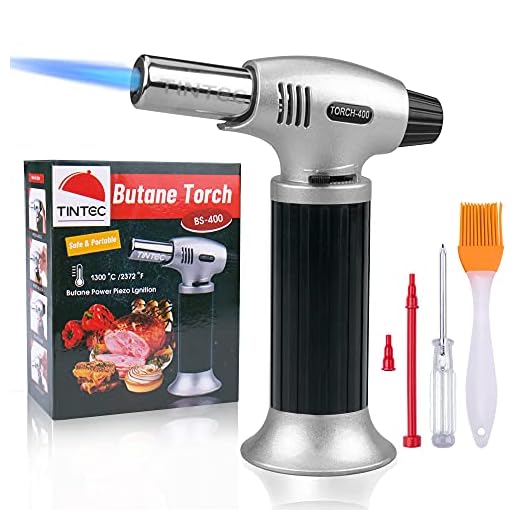 Culinary Blow Torch, Tintec Chef Cooking Torch Lighter, Butane Refillable, Flame Adjustable (MAX 2500°F) with Safety Lock for Cooking, BBQ, Baking, Brulee, Creme, DIY Soldering & more (Aluminum alloy)