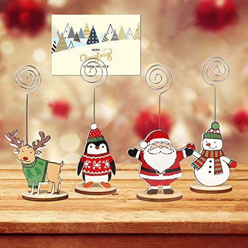 Picowe 12Packs Christmas Wood Place Card Holders with Swirl Wire and 20Pcs Kraft Place Cards, Wooden Table Memo Photo Picture Number Sign Stands Holder for Party Table Decorations