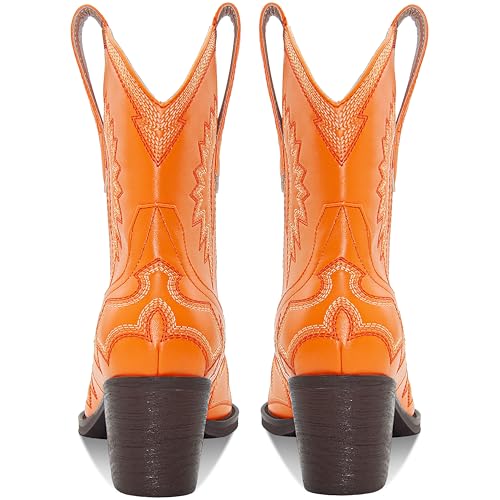 Image of HOCHFART Western Boots for Women Metallic Embroidered Pointed Toe Cowgirl Boots Chunky Heel Pull-On Short Cowboy Boots Wide Calf Country Ankle Boots