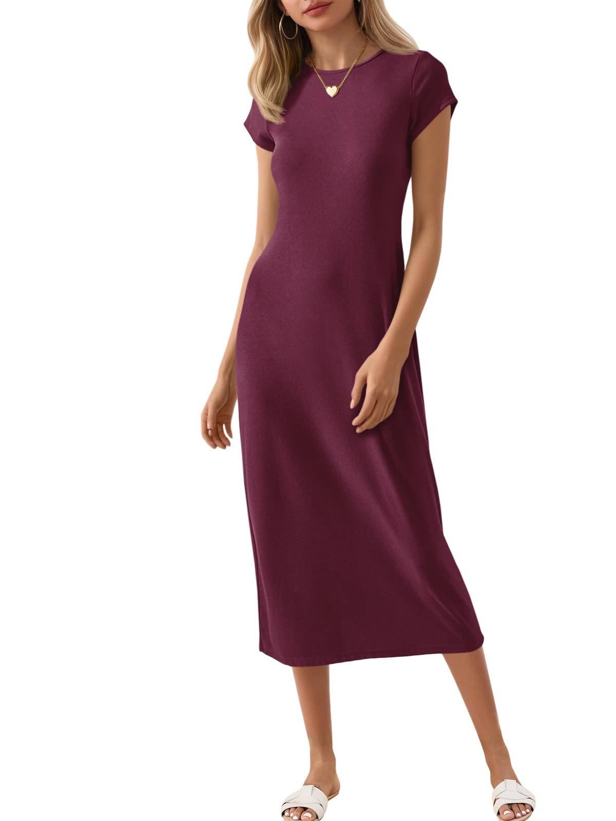 Photo 1 of Wenrine Women's Short Sleeve T-Shirt Dress Summer Crew Neck Basic Solid Casual Long Midi Dresses Burgundy