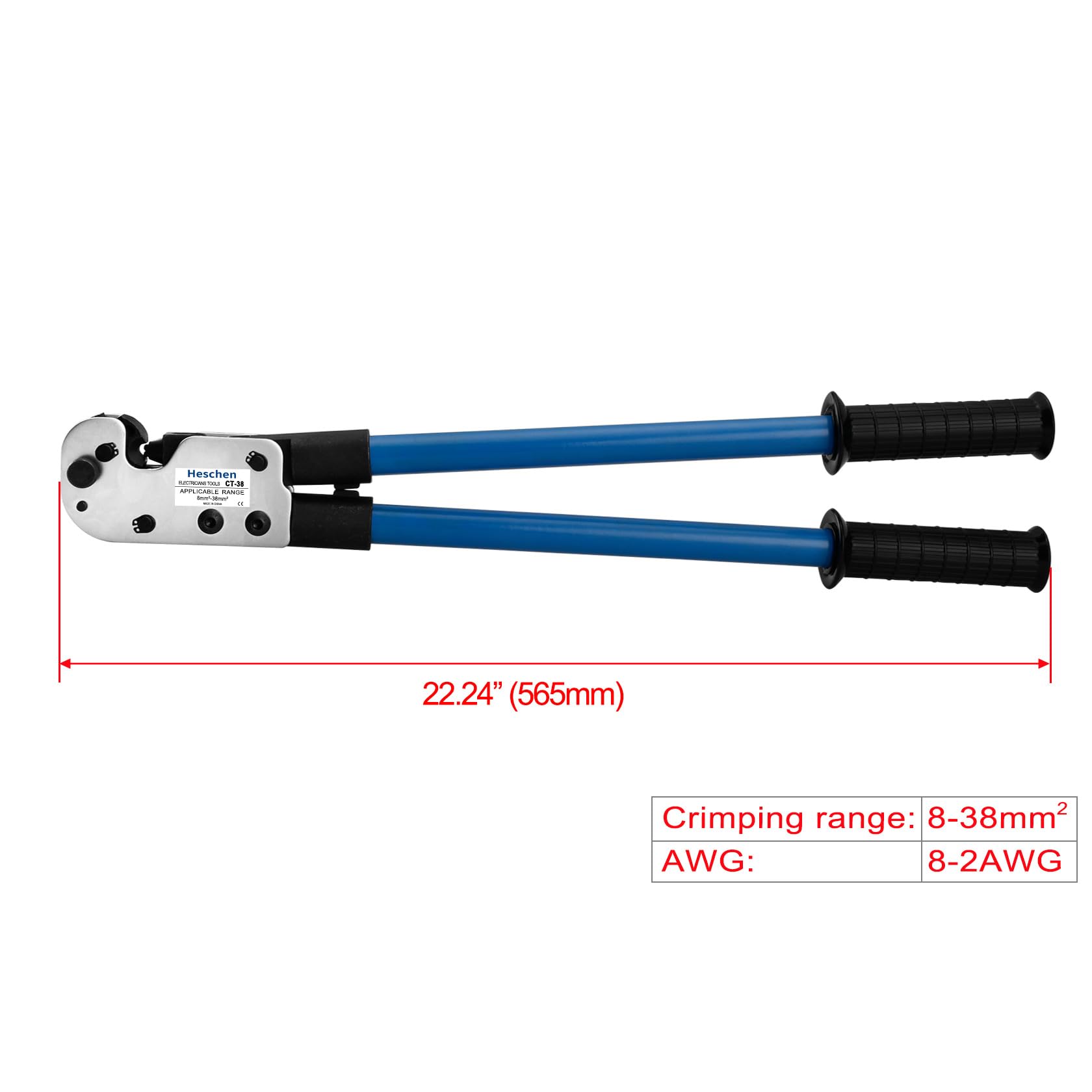 Heschen Pinza crimpatrice a cricchetto, CT-38, per terminali ad anello in rame da 8-2 AWG (8-38 mm²), pinze per elettricisti manuali per crimpatura terminali cavi, blu