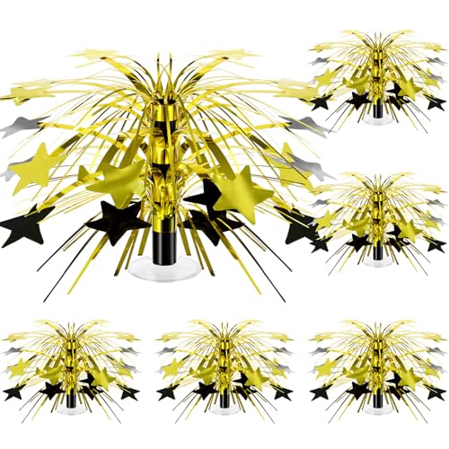 Memorywuu 6 Pcs Black and Gold Foil Spray Centerpieces for Tables Metallic Star Table Decorations for Birthday Party Favor Supplies New Year Photo Booth Props, 8.7 Inch Tall