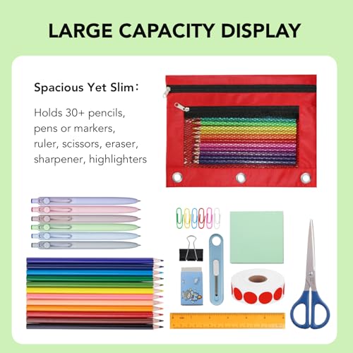 Image of Pencil Pouch for 3 Ring Binder, Heavy Duty Canvas Dual Zipper Pen Bag with Clear Window, Smooth Metal Zipper, Fit Standard 3-Ring Binders for School Office Travel Supplies (Red)