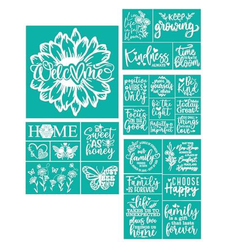 JAJADO 5Pcs Self Adhesive Silk Screen Stencils - Farmhouse Family Welcome Home Screen Print Mesh Stencils - Inspirational Faith Reusable for Painting on Wood Sign/Porch Sign/T-Shirt/Cup/Mug/Glass