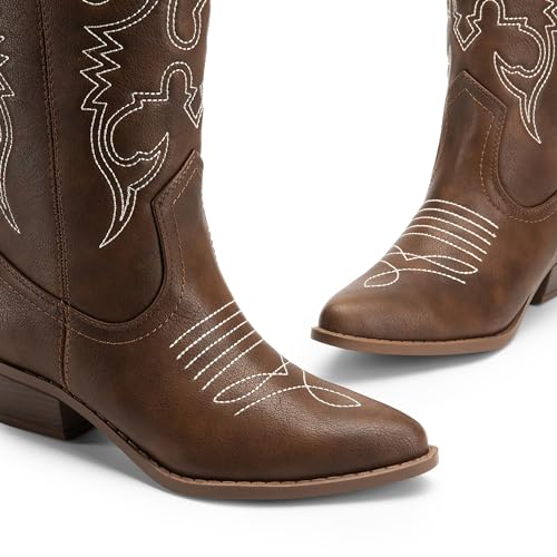 Dream Pairs Women'S Cowboy Boots Pull On Cowgirl Boots Mid Calf Western Boots,Size 8,Brown-Pu,Sdmb2218W thumb #3