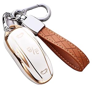 for Tesla Model X Key Fob Cover with Keychain, Full Cover Protection Key Fob Case Premium Soft TPU Smart Remote Key Holder (Ivory)