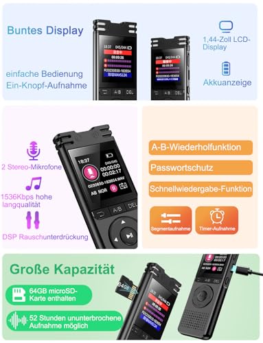 TDW Mini Diktiergerät, Mini Aufnahmegerät 64GB mit Mikrofon Digital Diktiergerät Klein USB Voice Recorder mit Kopfhörer für Aufzeichnung Vorlesung Treffen Interview, Schwarz