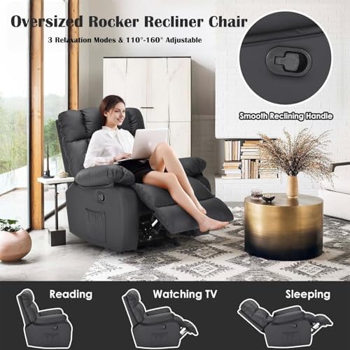 Image of Oversized Recliner Chair, Leather Adjustable Recliner with Side Pockets, Living Room Reclining Lounge Chair for Adults, Small Spaces Comfy Sofa with Theater Seating for Bedroom, Black