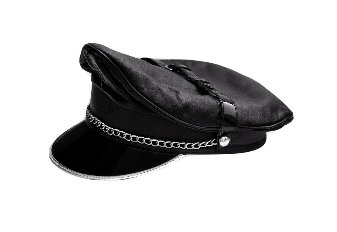 N? Casquette de motard Muir en cuir véritable avec chaîne et sangle Noir/argenté