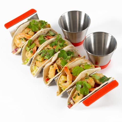 Mkchentul 316 Stainless Steel Taco Holder Stand for 6 Tacos and 2 Sauce Cups, Premium Taco Rack with Silicone Handles, Taco Shell Holder, Stylish Rack Taco Tray, Oven & Dishwasher Safe, BPA free
