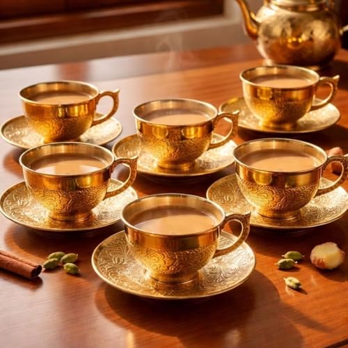 Pure Brass Cup & Saucer Set for Serving Tea Coffee Embossed Design 150 ml Set of 6 for Home Hotel Use and Return Gift Item