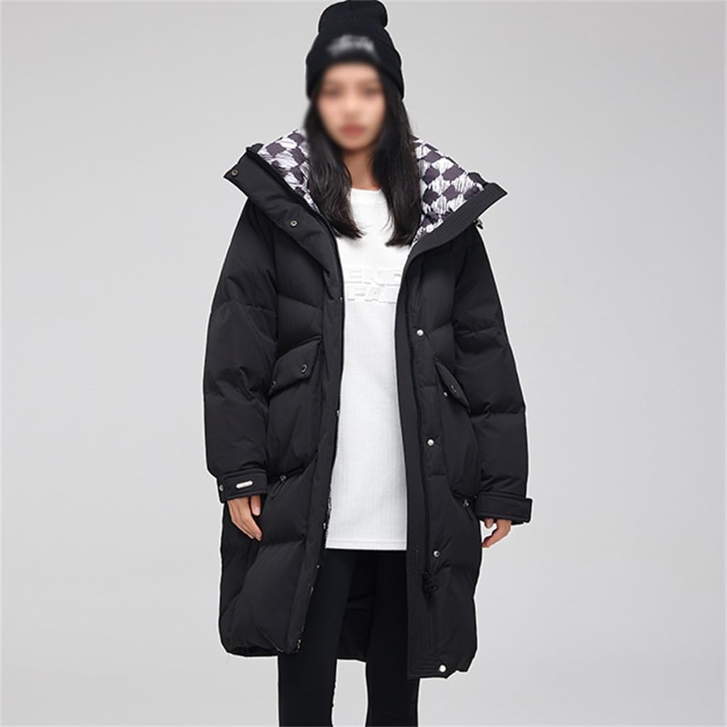 Autumn And Winter Women's Mid-length Hooded Down Jacket Shoulder Sleeve Casual Checkerboard Splicing(D,2XL)