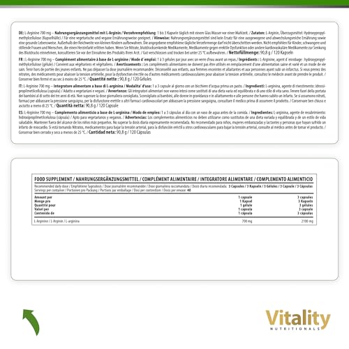 L-Arginin Hochdosiert 700 mg. Essenzielle Aminosäure 100% natürlich aus Fermentation (120 Kapseln) Hohe Bioverfügbarkeit & Bioaktivität. Premium L-Arginine Vitality Nutritionals by VitaminExpress
