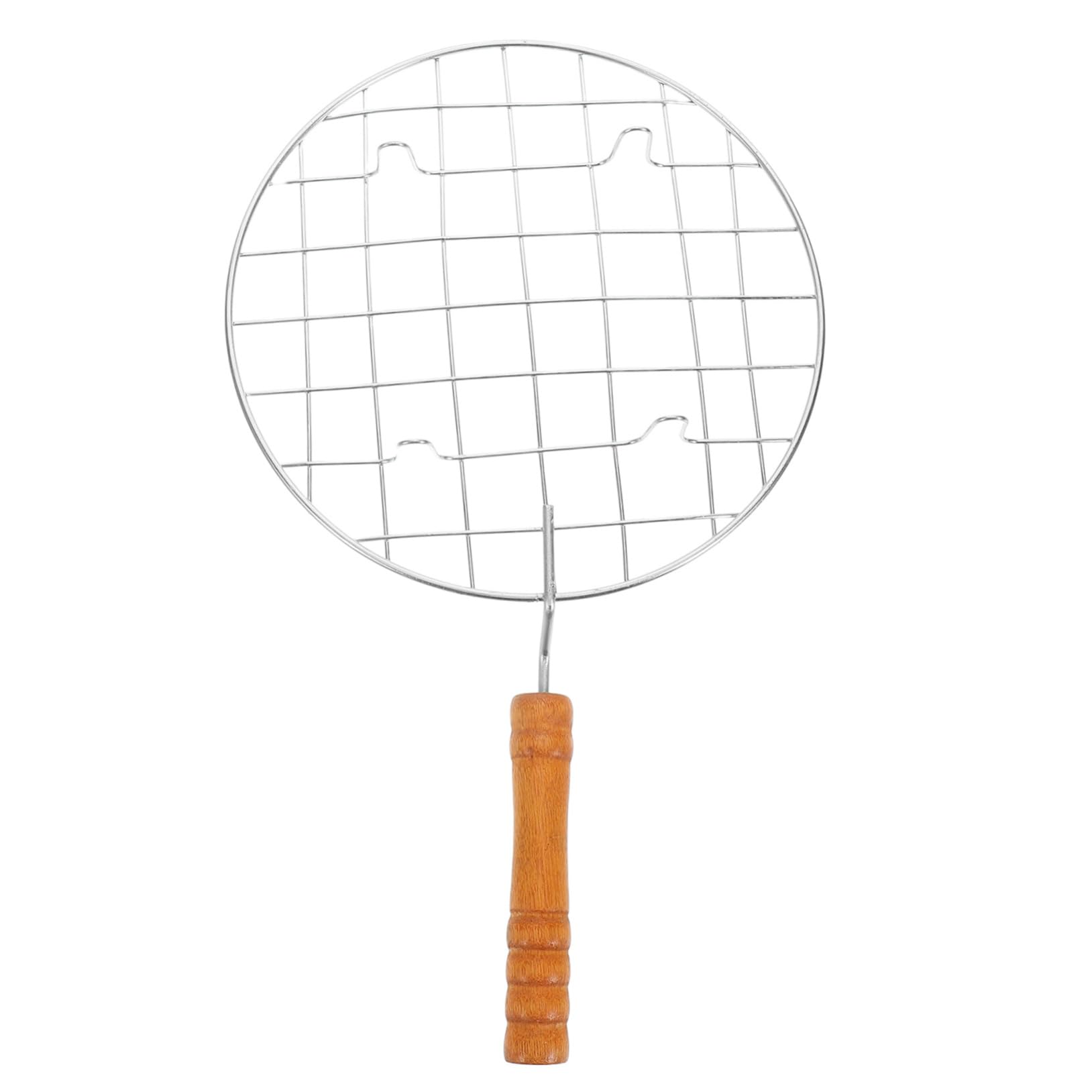 FOYTOKI Stainless Steel BBQ Grill Net Round Mesh BBQ Holder with Wooden Handle Grilling Baskets for Outdoor Cooking