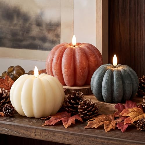 Baquler 3 PCS Fall Pumpkin Flameless Candles
