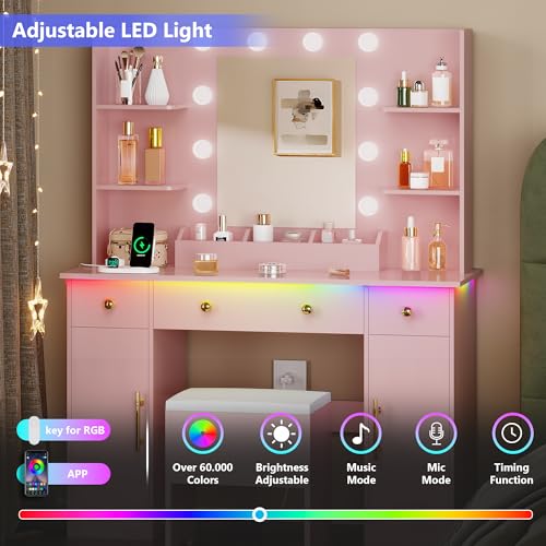Image of HUANLEGO Vanity Desk with Mirror and Lights,Pink Makeup Vanity with Charging Station & Vanity Stool, 3 Drawers and Cabinets White Vanity Mirror with RGB LED Lights Vanity Desk and Chair for Women