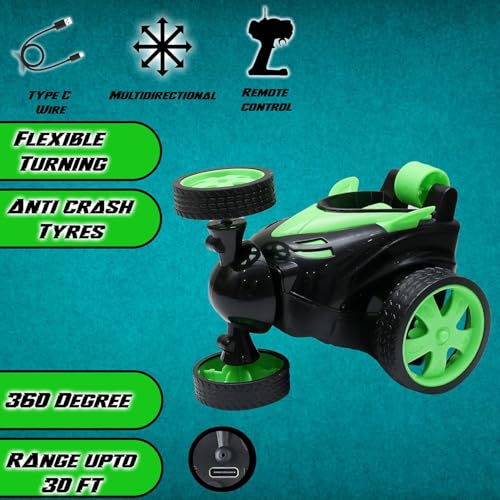 Image of The Flyers Bay DB2060 Rechargeable 360 Rotating & Rolling Small Stunt Car Toy with USB Cable & Remote Controller | Red Color, Power Source: Lithium Battery in Car (Included) (Green)