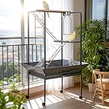 Pet Products Parrot Playstand with Wheels, Bird Cage Stand Activity Play Center with Perches and Ladders, Indoor Outdoor Playground for Birds, Black Hammertone Finish