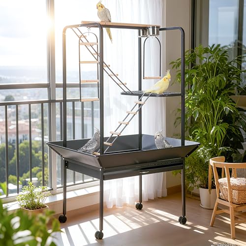 Image of Pet Products Parrot Playstand with Wheels, Bird Cage Stand Activity Play Center with Perches and Ladders, Indoor Outdoor Playground for Birds, Black Hammertone Finish