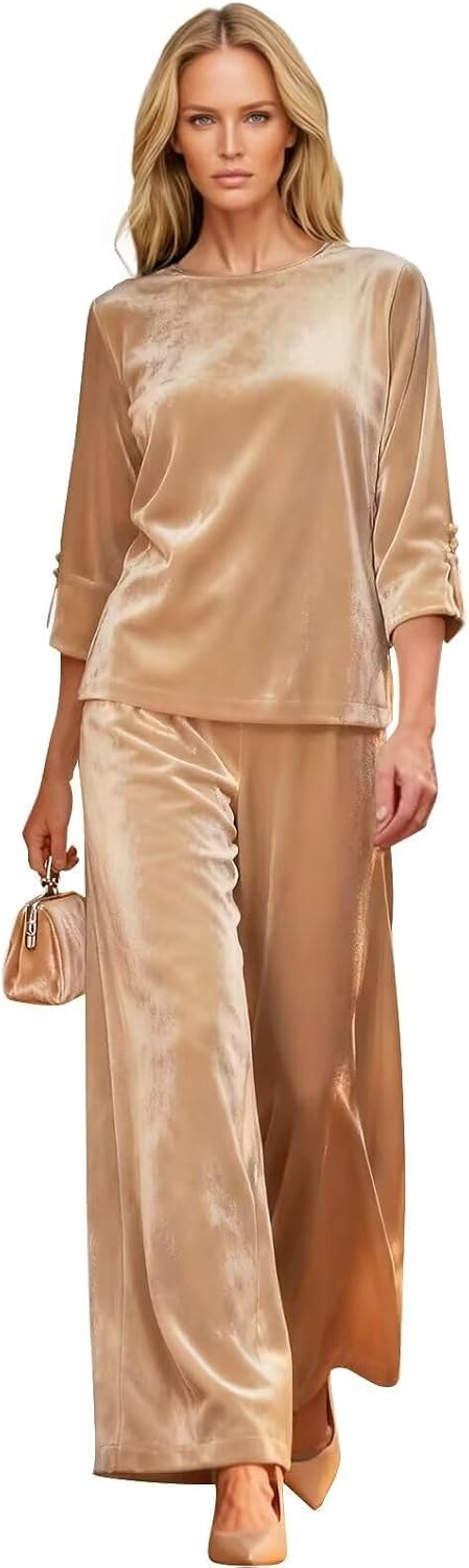 2 Piece Mother of The Bride Outfit Velvet 3/4 Sleeves Wedding Guest Formal Evening Party Pant Suits HX006