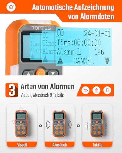 TopTes Guard-101 Gasmelder, 4 Gasmelder Für H2S, CO, LEL Und O2, Mit Vibration, Licht- Und Tonalarm, 14 Stunden Batterielaufzeit, Explosionsgeschützt, Für Arbeit Und Zuhause - Orange