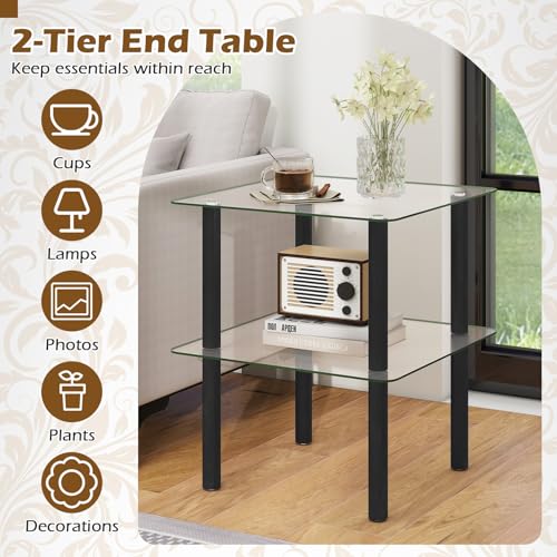 Image of GIANTEX Square End Table, 2-Tier Sofa Side Table with Clear Tempered Glass Top & Shelf, Small Accent Table with Solid Rubber Wood Legs for Living Room Bedroom Home Office (Black & Clear)