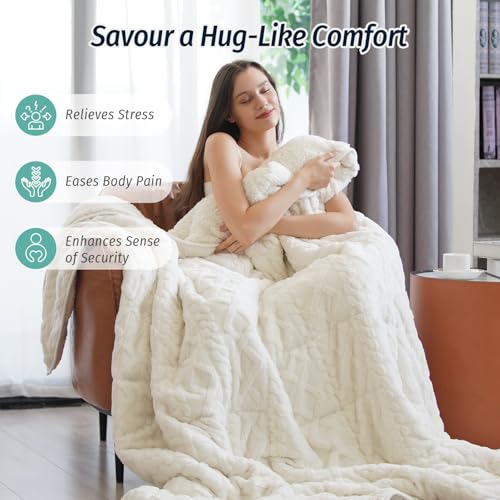 Wemore Weighted Blanket for Adults Twin Size 15 lbs, Dual Sided Soft Fuzzy Jacquard Sherpa Weighted Blankets for Sleeping, Cozy Fluffy Knitted Heavy Blanket for Couch Bed, Cream White, 60 x 80 inches