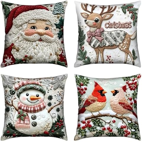QQKO Christmas Pillow Covers 18x18 Inch, Throw Pillow Covers for Christmas Decorations, Set of 4 Santa Claus Snowman Reindeer Red Cardinal Winter Pillow Covers for Couch Bedroom Living Room Cover