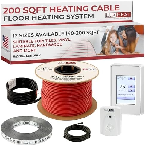 LuxHeat 200sqft Floor Heating Cable Kit - 240v Infloor Heat Kit for Tile - Heated Flooring System Includes UDG4 Programmable Thermostat w/GFCI, Heating Cable, Strapping, Floor Sensor & Alarm