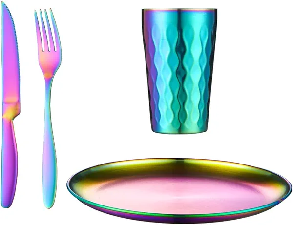 DOCBLACK Stainless Steel Serrated Steak Knives Forks with Dinner Plates Cups Dinnerware set Unbreakable Reusable Heavy Duty Matte Polished Flatware Silverware sets (Rainbow 1 set(4-PCS))