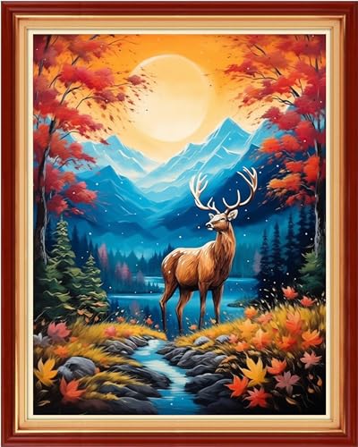 Image of Redxing Stamped Cross Stitch Kits Embroidery kit for Beginners Adults Full Range of Embroidery Patterns Starter Kits DIY Printed Cross Stitch Kits Needlepoint Kits 11CT-Sunset Elk 16x20 inch