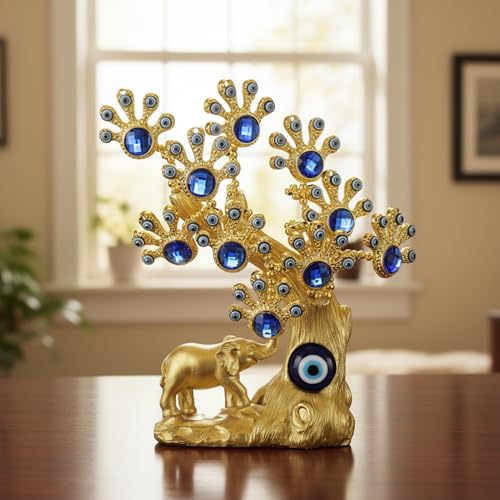 Image of eCraftIndia Blue Crystal and Evil Eye Lucky Tree with Gold Elephant Turkish Amulet Table Centerpiece Ornament Showpiece for Home Decor Office Protection Gift for Housewarming Birthday