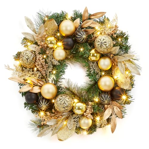 22 Inch Artificial Christmas Wreath, Pre-Lit Lighted Christmas Wreath with Ball Ornaments, Golden Leaves, Pine Needles, Winter Xmas Wreath with Timer for Door Window Fireplace