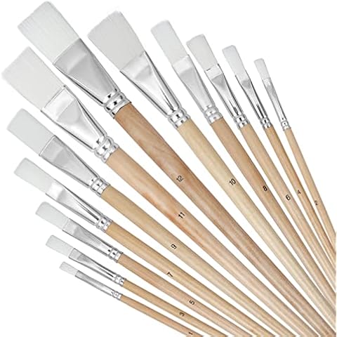 Artkey Flat Tips Paint Brushes Set, 12-Pack Professional Nylon Hair Paint Brushes Long Birchwood Handle Paint Brush for Acrylic Oil Watercolor Gouache Tempera Canvas Face Nail Art Painting Supplies Cover