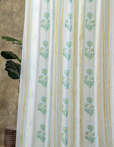 Image of Tranquebar Curtain Co. Window Curtains 5 Feet, 60-65% Room Darkening, Blue-Yellow Floral Print, Cotton Curtains for Window, Cotton Curtains 5 Feet Long Set of 2,BackTab Loops,Dani (152 cm) - Set of 2