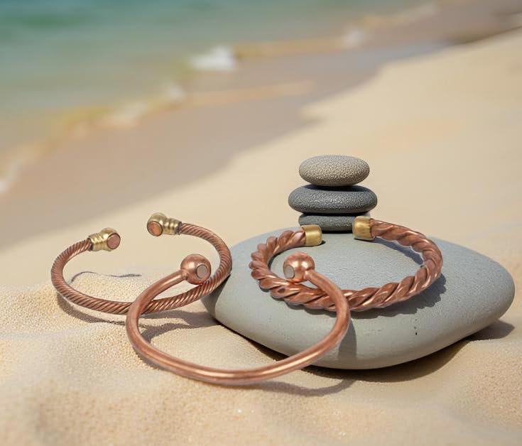 Image of Touchstone copper bracelets | gift for men women |adjustable 100% pure solid real magnetic jewelry | handmade bracelet set combo | rope braided tibetan bangles.