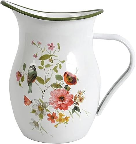 Jarra esmaltada con mango ancho y borde verde, jarrón esmaltado rústico, patrón de flores y pájaros, jarra de metal de granja, decoración vintage