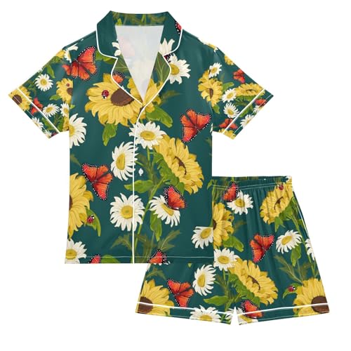 senya Sunflower Daisy Butterflies Satin Summer Pajama Sets Silk Short Sleeve Button Down Sleepwear