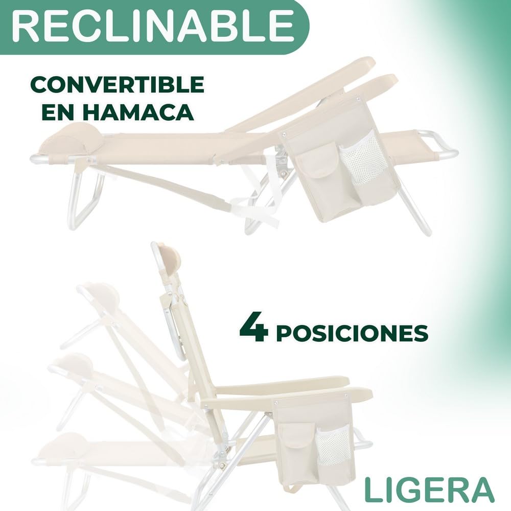 LOLAhome Silla Playa Mochila de 4 Posiciones de Aluminio y textileno de Color Beige