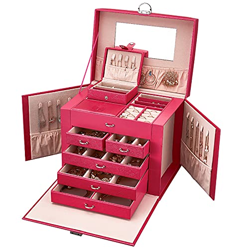 Yihao Large-Capacity Jewelry Box, Five-Layer Leather Makeup Storage Box, Jewelry Multi-Layer Travel Storage Box For Earrings, Bracelets, Rings, Lipsticks, Watches, Etc,Red #TOP6