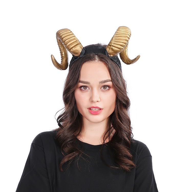 Devil Horn Headband, Gothic Sheep Horn Hoop Headband Cosplay Ox Horn Headband Photo Props Hair Accessories for Party Halloween (Gold)