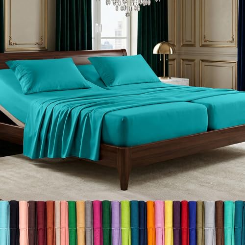 Image of Elegant Comfort Luxurious 1500 Premium Hotel Quality Microfiber Three Line Embroidered Softest 5-Piece Bed Sheet Set, Wrinkle and Fade Resistant, Split King, Turquoise