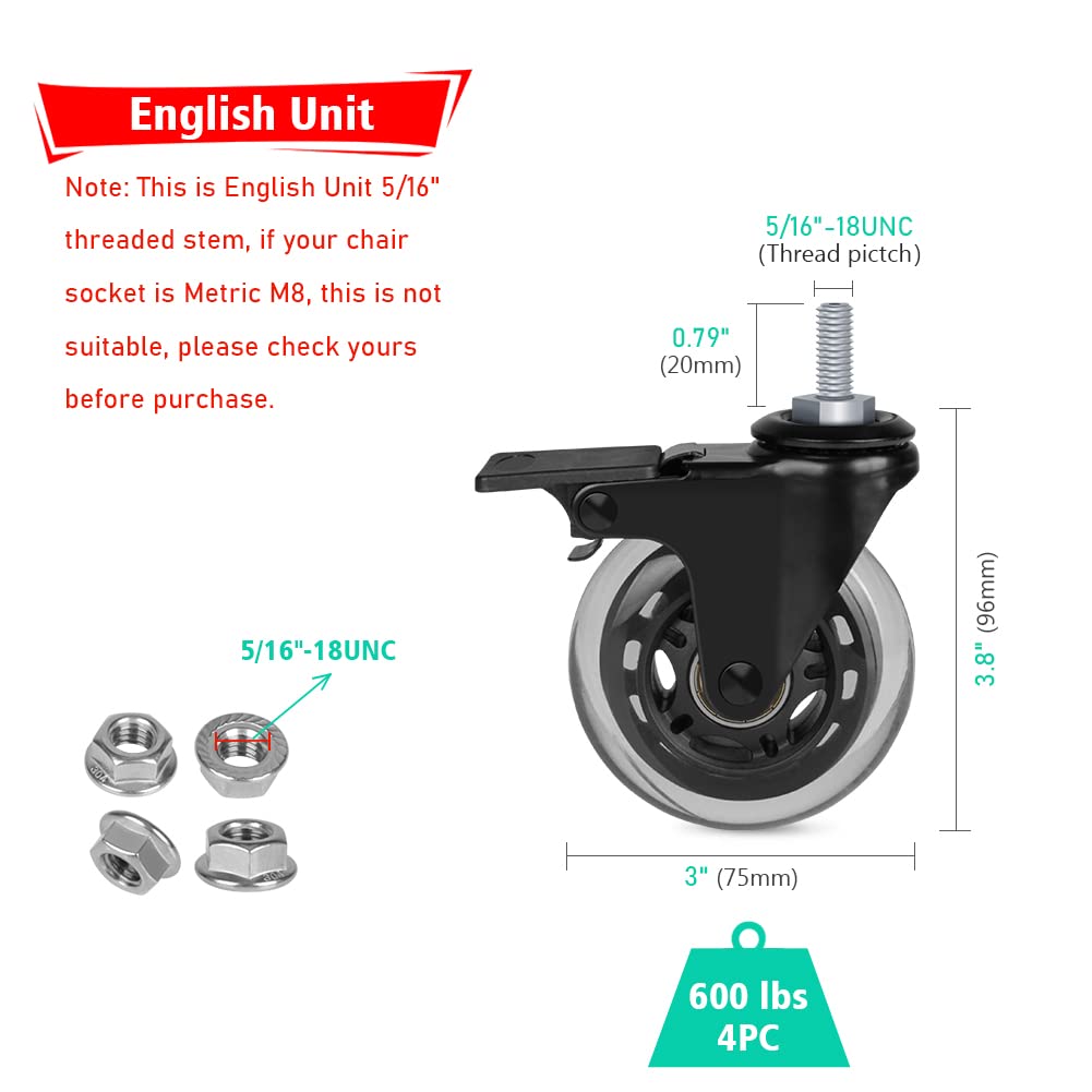 3" Lockable Caster With 5/16"-18UNC Threaded Stem, 5pcs Caster With Brake Saf - View #11