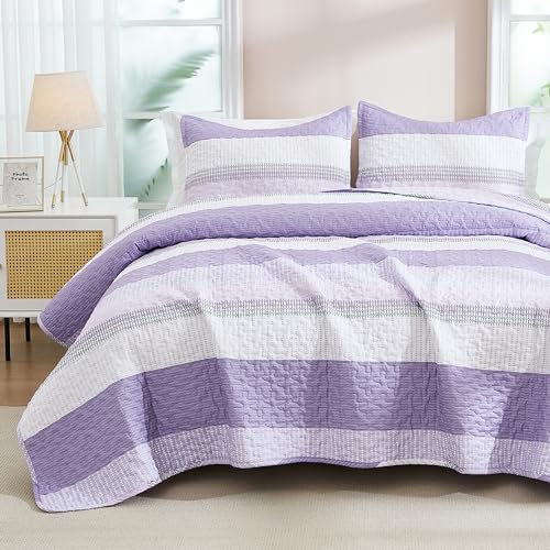 Image of Andency Queen Quilt Bedding Set Lavender, 3 Pieces Patchwork Purple Striped Ultra Soft Lightweight Bedspreads, Coverlets Set with 2 Pillow Shams for All Seasons (90 inchx96 inch)