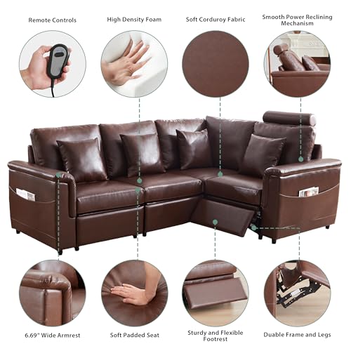 Image of RARZOE Faux Leather Sectional Sofa with Power Recliner, L Shaped PU Leather Reclining Couch with Headrest, 4 Seater Oversized Modular Reclining Couches for Living Room, Brown