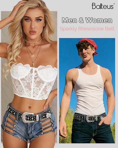 Image of Sparkly Rhinestone Diamond Sequin Studded Belt for Men & Women - Western Cowgirl Cowboy Style