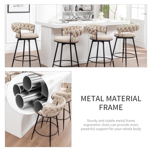 Image of Swivel Bar Stools Set of 4, Modern Barstools with Woven Back, Velvet Counter Height Bar Stools for Kitchen Island, Cafe, Pub, Beige